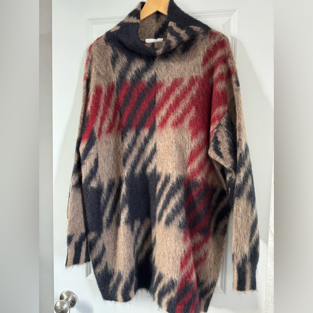 Boss Fuzzy Plaid Turtleneck Sweater in Beige, Black & Red